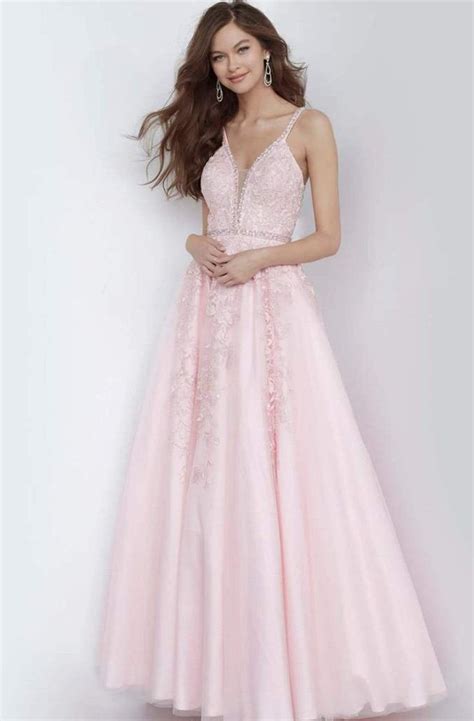 Jovani Jvn3388 Trailing Lace Appliqued Tulle Long Gown Light Pink