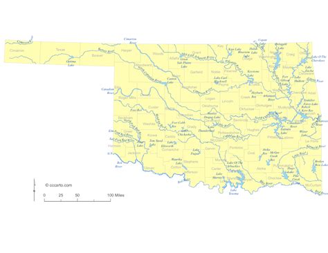 State Of Oklahoma Water Feature Map And List Of County