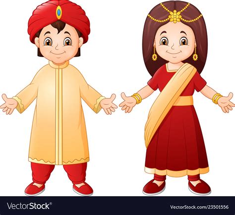 Cartoon Indian Couple Wearing Traditional Costume Vector Image