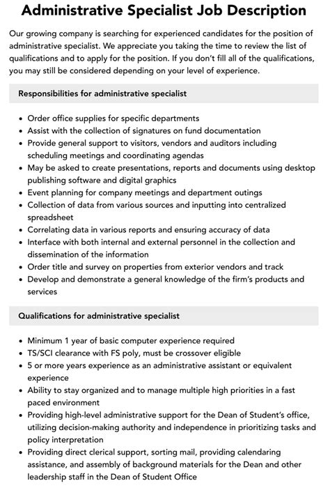 Administrative Specialist Job Description Velvet Jobs