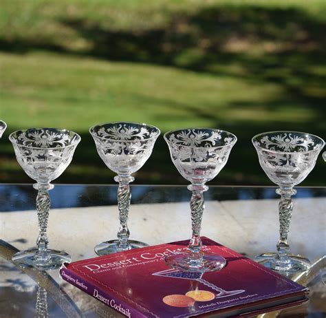 4 Vintage Acid Etched Liquor ~ Wine Glasses Tiffin Franciscan Byzantine After Dinner Drink