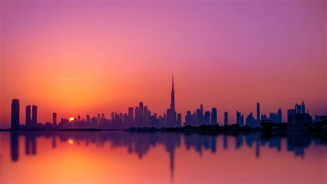 Dubai City 4k Wallpaper Skyline Silhouette Cityscape Sunset Burj