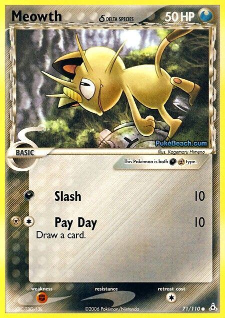 Its ovoid head features four prominent whiskers, wide eyes with slit pupils, two pointed teeth in the upper jaw, and a gold koban coin embedded in its forehead. Meowth card | Cool pokemon cards, Pokemon meowth, Pokemon trading card game