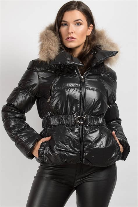Shiny Puffer Coat With Fur Hood Belted Uk