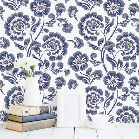Veelike Grey Blue Floral Wallpaper Veelike