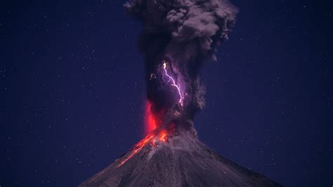 Nature Landscape Volcano Lava Smoke Lightning Night Stars