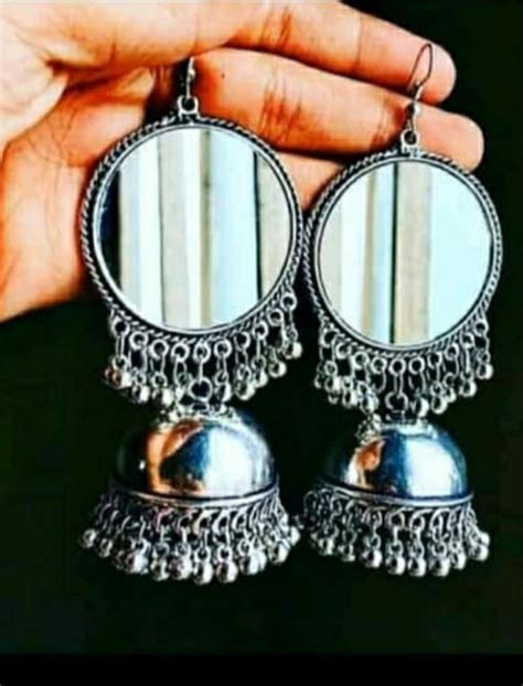 Alloy Round Nk Handmade Mirror Oxidized Silver Trendy Earring For