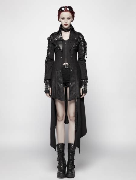 Black Long Sleeves Leather Gothic Trench Coat For Women Uk