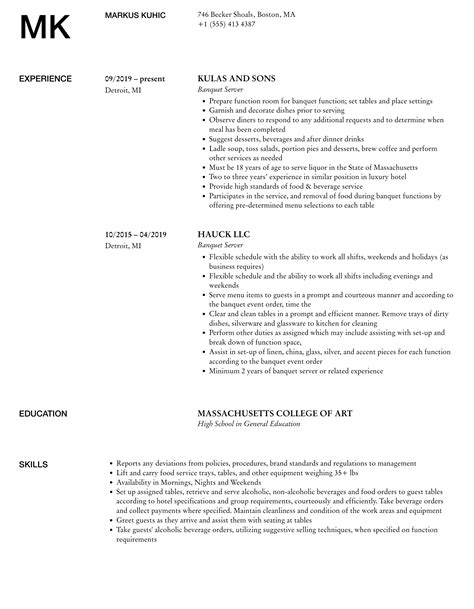 Banquet Server Resume Samples Velvet Jobs