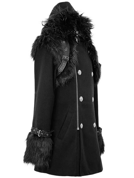 Black Mens Gothic Punk Winter Hooded Coat With Detachable Shoulder