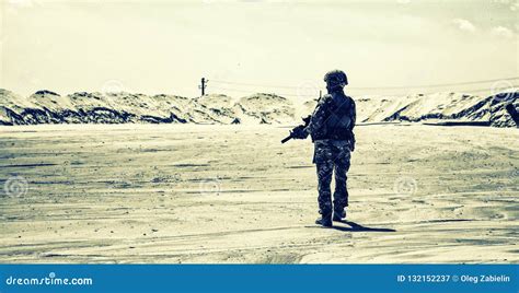 Army Ranger In Combat Patrol In Desert Area Stock Image Image Of Sand