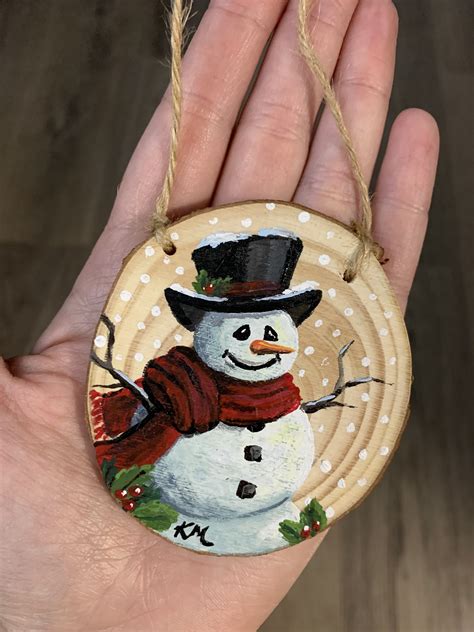 Hand Painted Snowman On Wood Slice Christmas Ornament Handmade