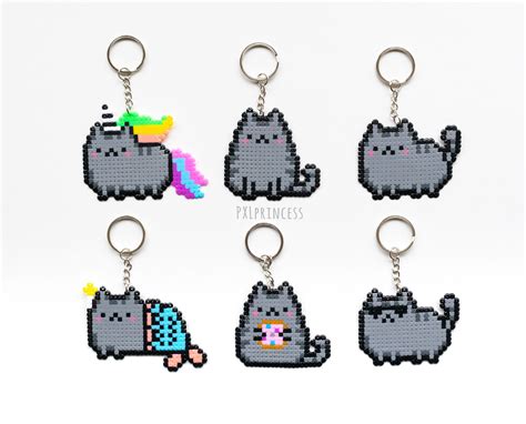 Pusheen The Cat Keychain Pixel Art Pusheen Perler Hama Beads Bit Kawaii Kitty Unicorn Mermaid