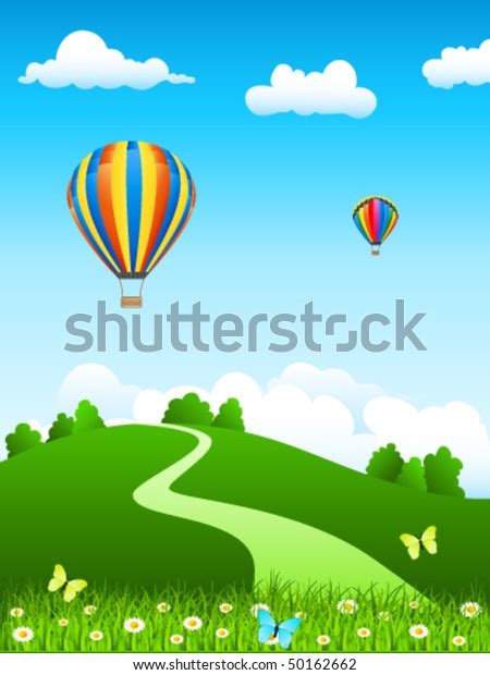 Hot Air Balloon Over Green Landscape Stock Vector Royalty Free 50162662