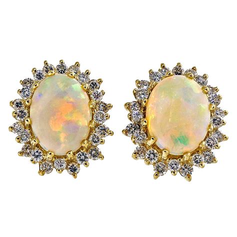 Oval Opal And Diamond White Gold Earrings For Sale At 1stdibs