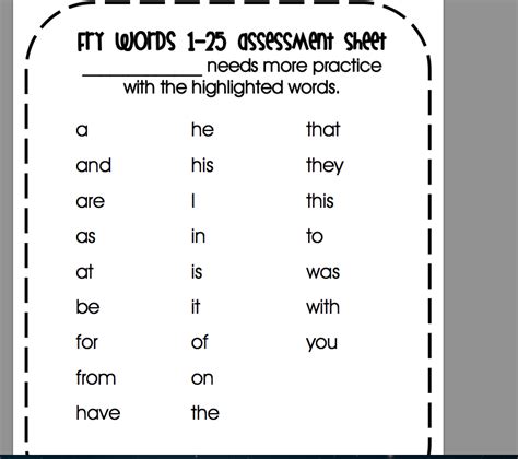 Sight Words 1 25 Assessment Sheet Kindergarten Worksheets Sight
