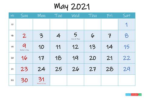 May 2021 Free Printable Calendar With Holidays Template Ink21m149