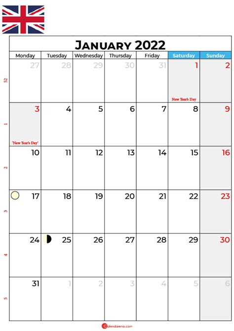 Download Free January 2022 Calendar United Kingdom With Holidays