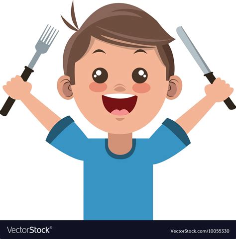Happy Boy Cartoon Holding Fork And Knife Icon Vector Image