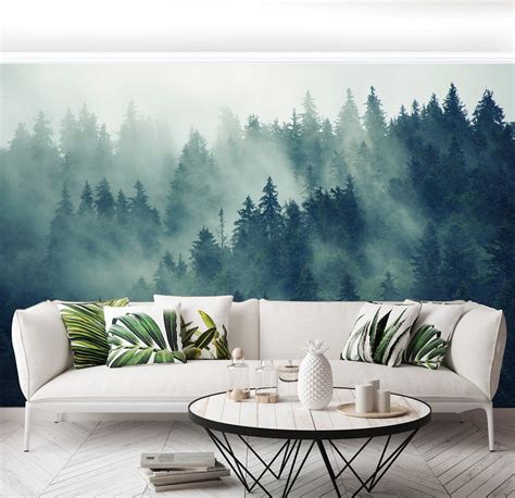 Misty Forest Scene Mural Mountain Forests Mural Forest Haze Etsy In