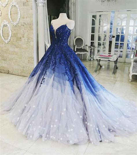 Ombre Ball Gown Royal Blue Appliques V Neck Prom Quinceanera Dresses