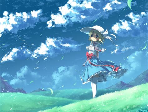 Anime Girls Field Dress Landscape Clouds Sky Birds