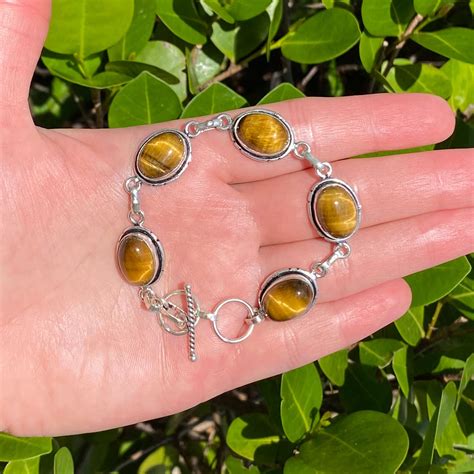 Natural Tigers Eye Gemstone 925 Sterling Silver Adjustable Bracelet