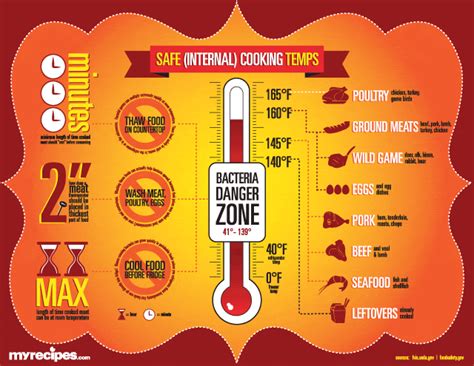 Make sure to always insert the meat thermometer into the center of the thickest part of the meat. MyRecipes Safe Internal Cooking Temperatures | MyRecipes