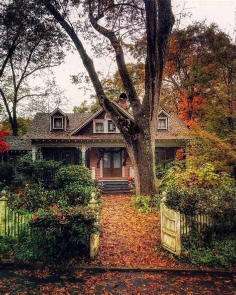 A House In The Fall With Leaves On The Ground And Trees Lining The Path