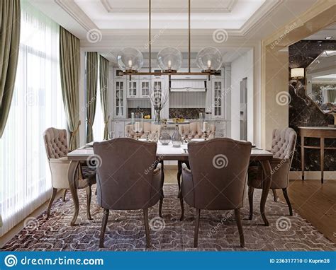 Classic Kitchen Dining Room With Dining Table And White Kitchen