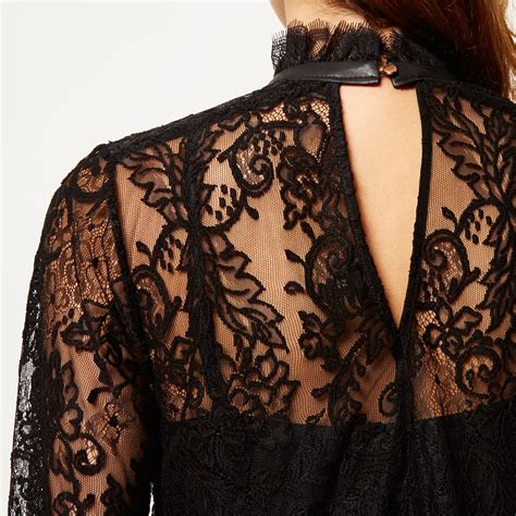 River Island Black Lace High Neck Blouse Lyst