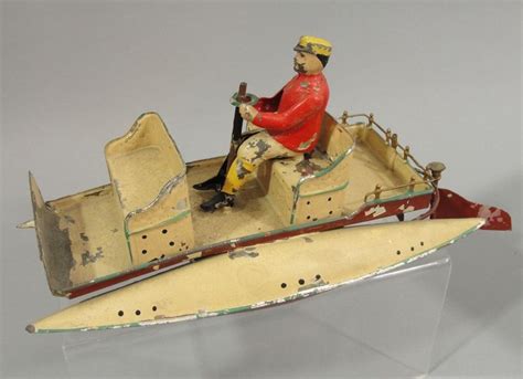 Antique Painted Tin German Key Wind Wind Up Pontoon Boat Toy Pond Model