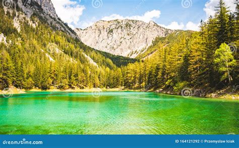 Gruner See Austria Peaceful Mountain View With Famous Green Lake In