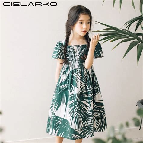 Cielarko Green Kids Leaf Dress For Girls Summer Print Midi Dress