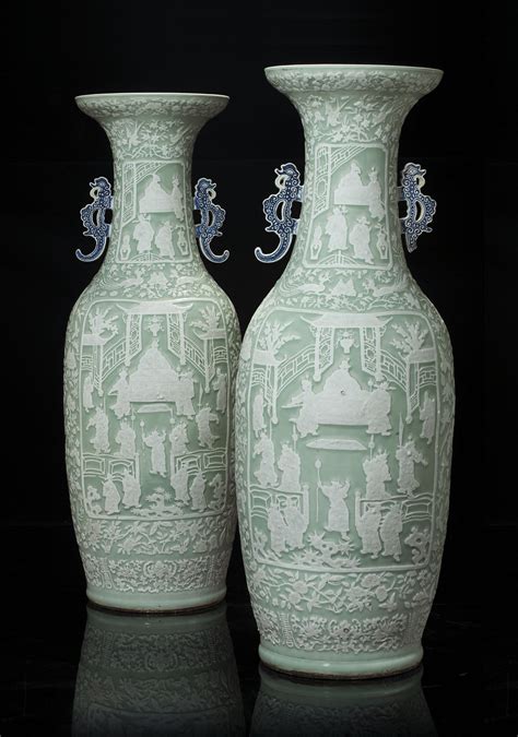 A Pair Of Chinese Celadon Ground Massive Vases Late Qing Dynasty