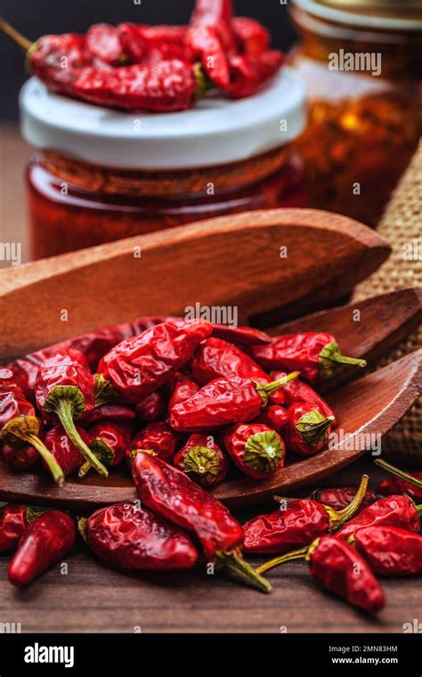 Different Types Of Red Hot Chili Peppers Home Grown And Stored In