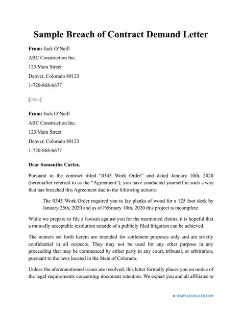 Sample Breach Of Contract Demand Letter Fill Out Sign Online And Download PDF Templateroller