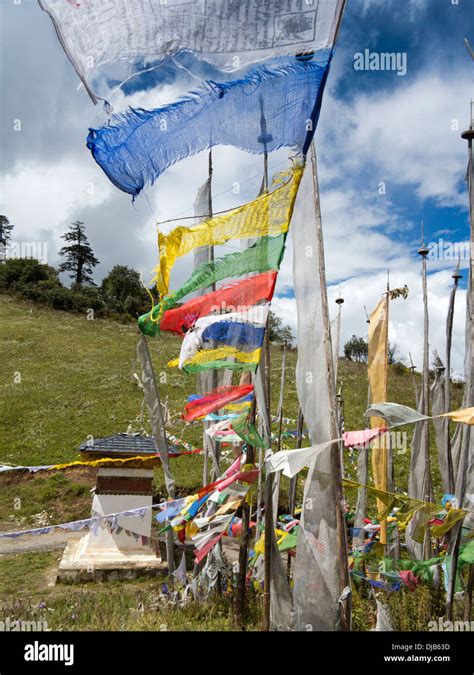Bhutan Phobjika Pele La Pass Prayer Flags Above Road Tied To