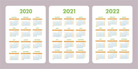 Calendario 2020 2021 2022 Años Del Bolsillo Plantilla Vertical Del