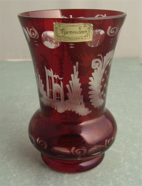 Egermann Vintage Red Etched Crystal Czech Glass Vase