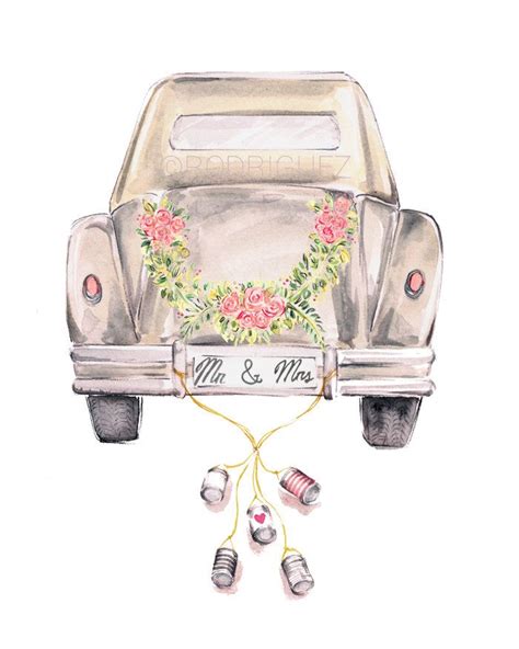 Vintage Wedding Getaway Car Watercolor Illustration Print Wedding