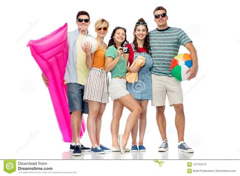 Happy Friends With Beach And Summer Accessories Stock Photo Image Of