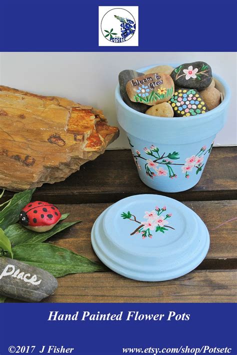 Baby Blue With Cherry Blossoms Painted Flower Pot Terracotta Planters