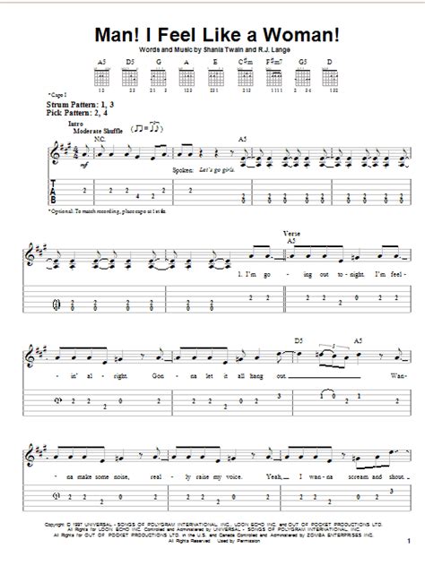 Man I Feel Like A Woman Sheet Music Shania Twain Easy Guitar Tab