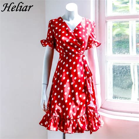 Heliar Red Polka Dot Dress Casual Ruffle V Neck Warp Dresses Women New