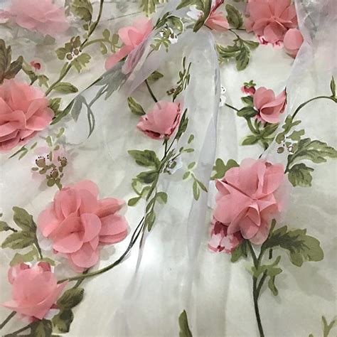 3d Pink Chiffon Floral Printed Organza Lace Fabric By The Etsy
