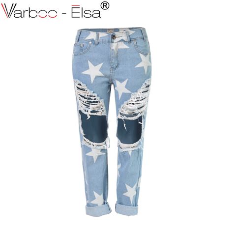 Varbooelsa 2017 Big Hole Wide Jeans Women With Five Pointed Star