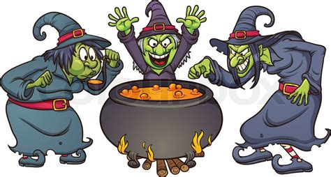 Cartoon Halloween Witches With Cauldron Stock Vector Colourbox