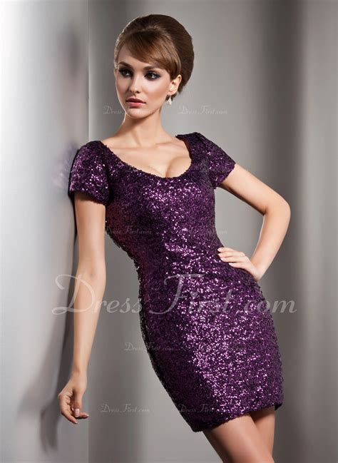 Sheath Column Scoop Neck Short Mini Sequined Cocktail Dress