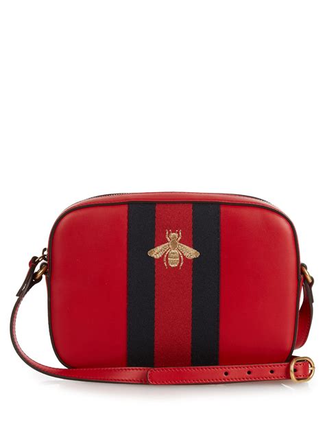 Gucci Line Bee Embroidered Leather Cross Body Bag In Red Lyst